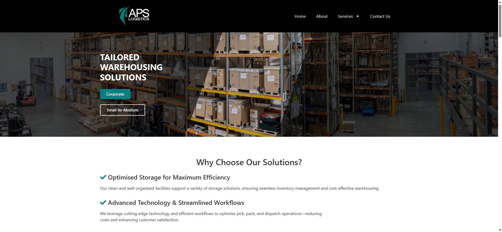 The website Bobbly created for APS Logistics, with its service navigation, tailored warehousing offer and corporate customer pathway.